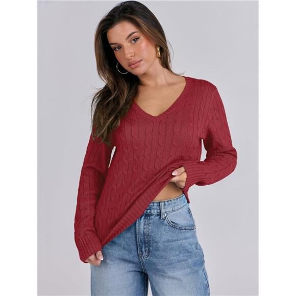 Women's Long Sleeve Cable Knit Sweater Fall V Neck Fitted Pullover Top - Picture 4 of 7
